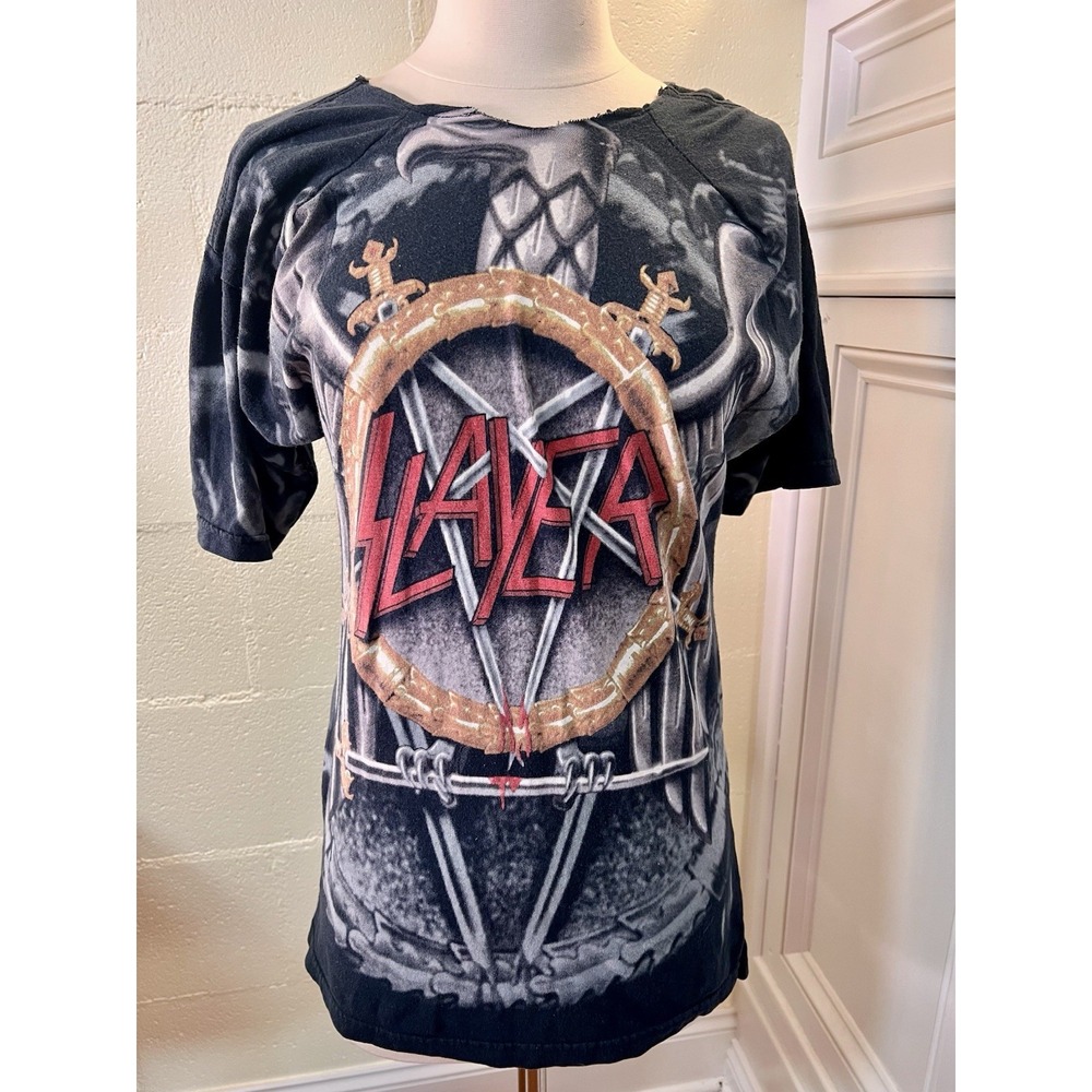 Vtg 2004 Slayer Eagle Liquid Blue AOP Parental Advisory‎ Altered T-Shirt Sz S